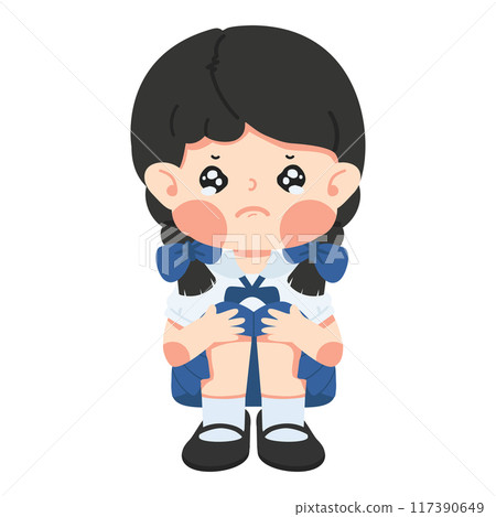 cute sad kid girl sitting alone 117390649