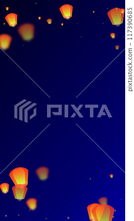 Yi peng festival card. Thailand holiday with paper lantern lights flying in the night sky. Traditional Yi Peng celebration. Vector illustration on dark blue background. 117390685