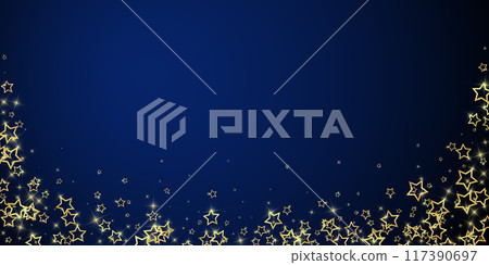 Starry night fairy tale background. Cute sparkling twinkles, christmas spirit in the air. Festive stars vector illustration on dark blue background. 117390697