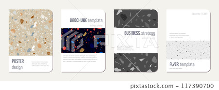 School diary cover design. Terrazzo abstract background made of natural stones, granite, quartz and marble. Venetian terrazzo texture school diary template. 117390700