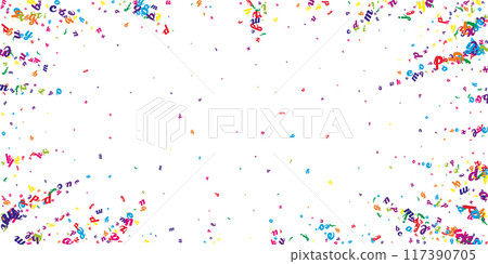 Scattered letters of latin alphabet. Colorful childish floating characters of English language. Foreign languages study concept. Back to school banner on white background. 117390705