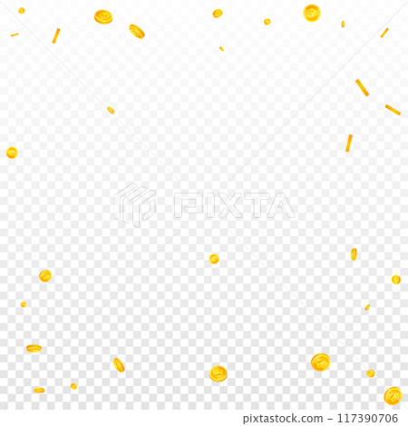 British pound coins falling. Scattered gold GBP coins. United Kingdom money. Great business success concept. Square vector illustration. 117390706