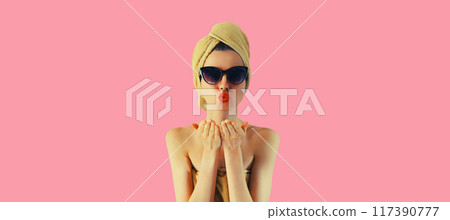stylish beautiful woman with towel on her head having fun in trendy glasses on pink background stylish beautiful woman with towel on her head having fun in trendy glasses on pink background 117390777