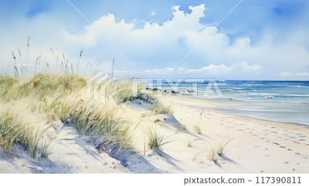 beautiful beach seascape watercolor illustration 117390811