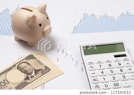 New banknotes, stock chart, piggy bank and calculator 117391012
