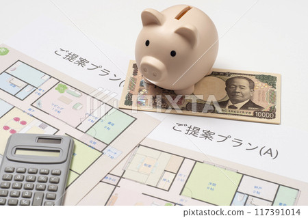 帶有平面圖、存錢筒、計算器和新鈔票的住房基金圖像 帶有平面圖、存錢筒、計算器和新鈔票的住房基金圖像 117391014
