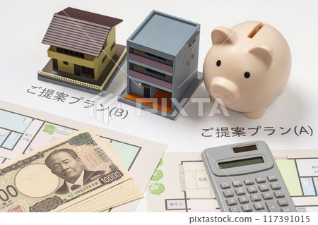 Image of housing financing with floor plan, piggy bank, calculator and new banknotes Image of housing financing with floor plan, piggy bank, calculator and new banknotes 117391015