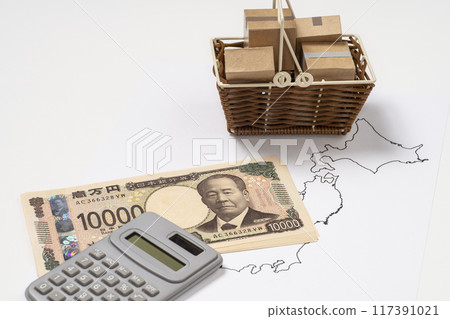 Blank map, shopping basket, new banknotes and calculator 117391021