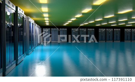 Server room. Server data center. Backup, mining, hosting, mainframe, farm and computer rack with storage information. 3d rendering 117391110