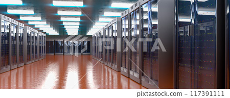Server room. Server data center. Backup, mining, hosting, mainframe, farm and computer rack with storage information. 3d rendering Server room. Server data center. Backup, mining, hosting, mainframe, farm and computer rack with storage information. 3d rendering 117391111