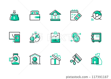 Financial transactions and banks - set of line design style icons Financial transactions and banks - set of line design style icons 117391187