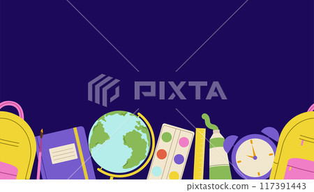 Back to school banner with seamless border and empty space for text. Template for poster with school supplies. Vector flat illustration 117391443