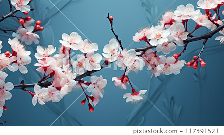 pink cherry or sakura flowers blooming at spring background, blossoming at garden 117391521
