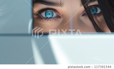 woman eye look at camera through white and blue paper, geometric shapes design, beauty and fashion 117391544