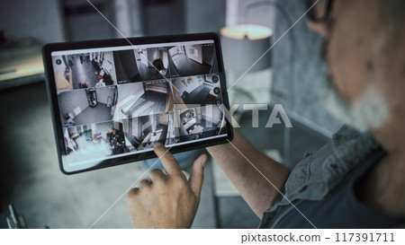 Professional installer watches security cameras in stylish office using tablet computer 117391711