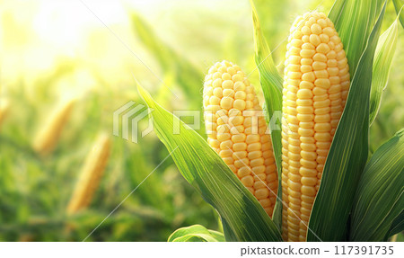 Corn cobs close up, blurred corn field background with copy space, AI generated 117391735