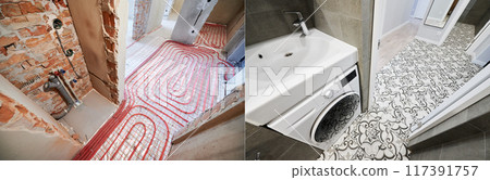 Comparison of washroom lavatory before and after renovation. Old apartment restroom with underfloor heating pipes and new renovated room with washbasin and washing machine. Comparison of washroom lavatory before and after renovation. Old apartment restroom with underfloor heating pipes and new renovated room with washbasin and washing machine. 117391757