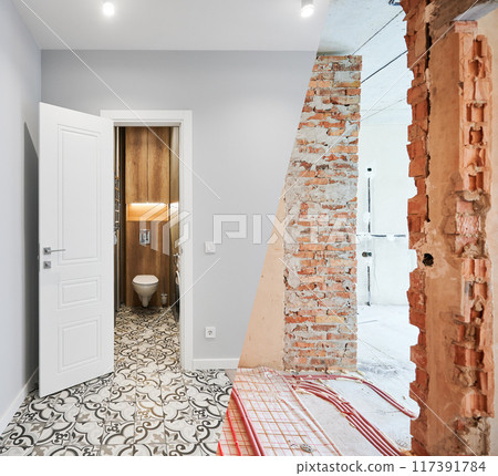 Comparison of old flat with underfloor heating pipes and new renovated apartment with modern interior design. Bathroom, hallway with heated floor before and after renovation. 117391784