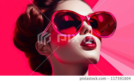 woman is wearing pink sunglasses, in the style of graphic, light red and dark pink, retro pop art 117391804