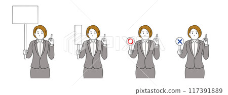 Illustration of a business person (female) holding a message board and a plate with a right or wrong sign and pointing her index finger up Illustration of a business person (female) holding a message board and a plate with a right or wrong sign and pointing her index finger up 117391889