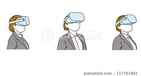 Illustration of a business person (female) wearing VR goggles 117391902