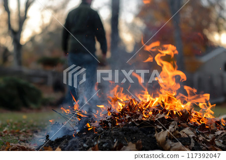 A man burns a pile of autumn leaves in backyard 117392047
