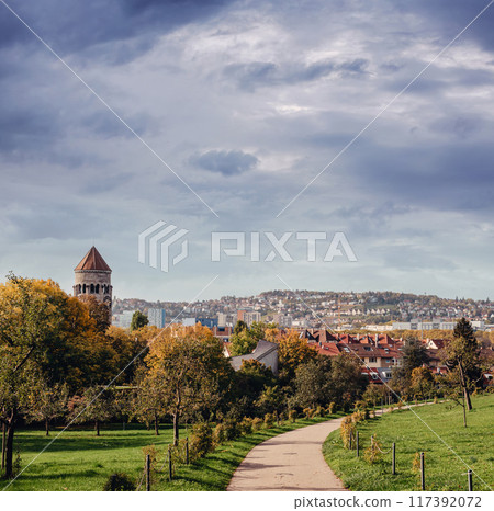 Germany, Stuttgart panorama view. Beautiful houses in autumn, Sky and nature landscape. Vineyards in Stuttgart - colorful wine growing region in the south of Germany with view over Neckar Valley 117392072