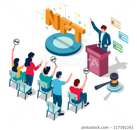 Seller and people audience at crypto market auction Seller and people audience at crypto market auction 117392261