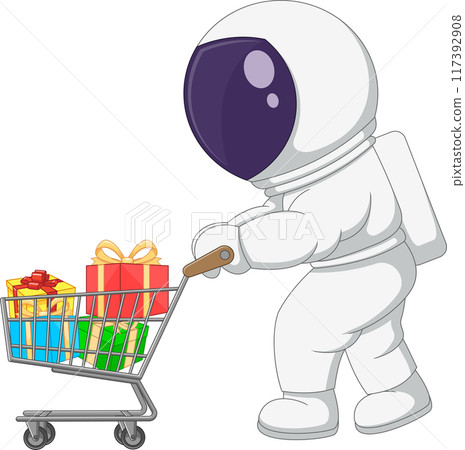 cartoon astronaut carrying gifts with a trolley 117392908