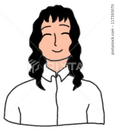 Illustration of the upper body of a smiling person wearing a white shirt in a pencil drawing style Illustration of the upper body of a smiling person wearing a white shirt in a pencil drawing style 117393070