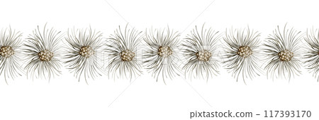 Pine Decorative Seamless Christmas Garland with Pinecones. Watercolor illustration of fir garland. Fir twigs, Pinecones. Evergreen border on isolated background. Festive repeat ornament for card. 117393170