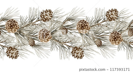 Pine Decorative Seamless Christmas Garland with Pinecones. Watercolor illustration of fir garland. Fir twigs, Pinecones. Evergreen border on isolated background. Festive repeat ornament for card. 117393171