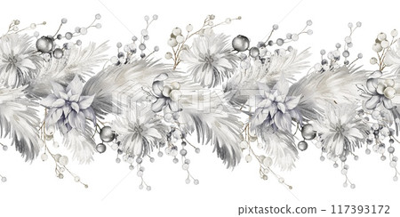 Seamless fir decorative Christmas garland with berries. Watercolor illustration of snowy pine border. Nature design. Xmas border on isolated background. Festive repeating ornament for cards. Seamless fir decorative Christmas garland with berries. Watercolor illustration of snowy pine border. Nature design. Xmas border on isolated background. Festive repeating ornament for cards. 117393172
