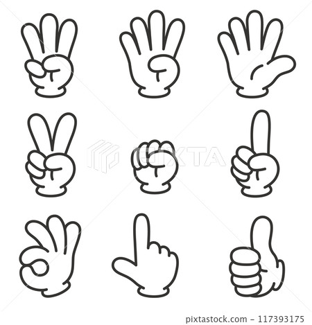 Vector illustrations of various hand signs. You can change the line width of the vector data. 117393175