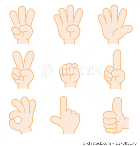 Vector illustrations of various hand signs. You can change the line width of the vector data. 117393176