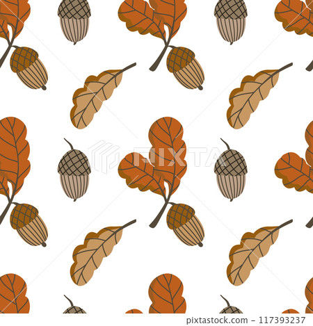 Seamless vector pattern with an acorn and oak leaf in flat style. Elements for autumn design in brown color. Natural floral clipart for cozy compositions on the theme of the harvest festival Seamless vector pattern with an acorn and oak leaf in flat style. Elements for autumn design in brown color. Natural floral clipart for cozy compositions on the theme of the harvest festival 117393237