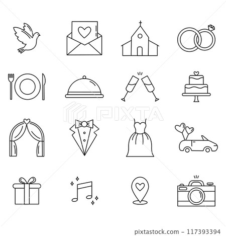 A modern set of wedding line icons. Collection of marriage themed objects. Dove, invitation, church, plate, crockery, champagne glasses, cake, rings, tux, tuxedo, dress, car, gift, photo camera. 117393394