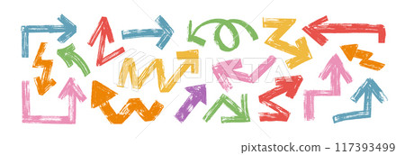 Hand drawn rough arrows vector set, brush stroke design elements, pointer icons Hand drawn rough arrows vector set, brush stroke design elements, pointer icons 117393499