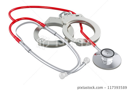 Handcuffs and stethoscope, 3D rendering Handcuffs and stethoscope, 3D rendering 117393589