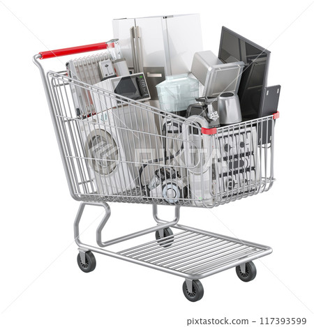 Shopping cart with kitchen and home appliance, 3D rendering Shopping cart with kitchen and home appliance, 3D rendering 117393599