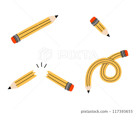 A set of different yellow pencils. Small, broken, bended, knotted. Back to school elements. Fun art supplies. A set of different yellow pencils. Small, broken, bended, knotted. Back to school elements. Fun art supplies. 117393655