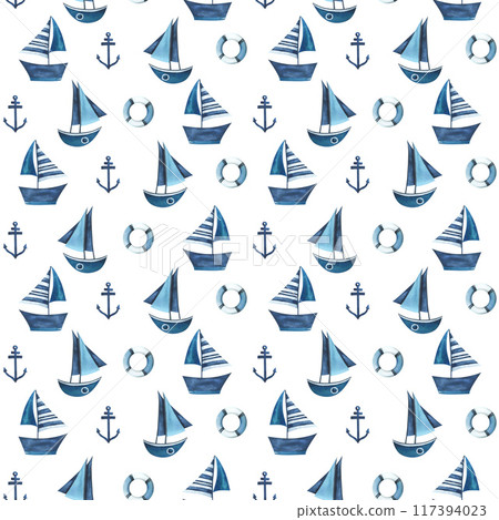 Sea sailboats striped, anchors and lifebuoys. Watercolor illustration hand drawn in an abstract childish style. Seamless pattern on a white background. 117394023