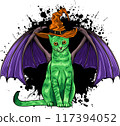 Halloween black cat. Vector animal isolated on white background. Witch cat in hat 117394052