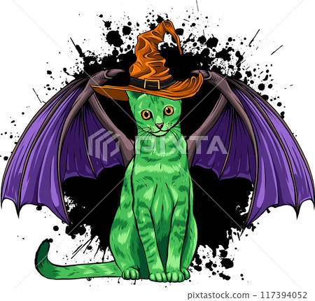 Halloween black cat. Vector animal isolated on white background. Witch cat in hat Halloween black cat. Vector animal isolated on white background. Witch cat in hat 117394052