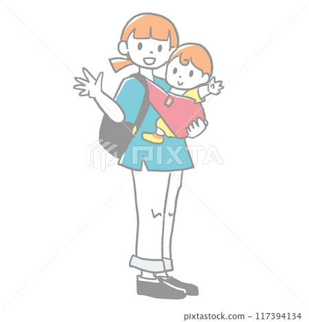 Mom and baby waving 117394134
