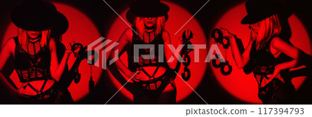 Sexy submissive woman bottom slave girl with handcuffs for BDSM sex with dominance and submission in fetish costume and hat Sexy submissive woman bottom slave girl with handcuffs for BDSM sex with dominance and submission in fetish costume and hat 117394793