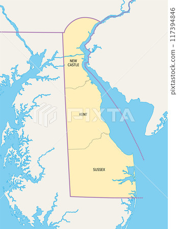 Delaware, U.S. state, political map with borders and county names. State in the Mid-Atlantic and Northeastern region of the USA, subdivided into 3 counties, nicknamed First State, Small Wonder, etc. Delaware, U.S. state, political map with borders and county names. State in the Mid-Atlantic and Northeastern region of the USA, subdivided into 3 counties, nicknamed First State, Small Wonder, etc. 117394846