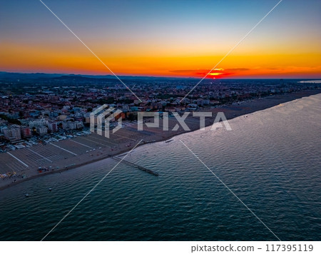 Beautiful view of Rimini, Italy during sunset. A photo from a drone 117395119