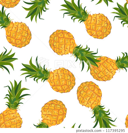 Vector seamless pattern with pineapples on white background. Perfect for printing on textiles, Hawaiian style holiday clothes. Summer party design background. Tropical fruit in flat style. 117395295