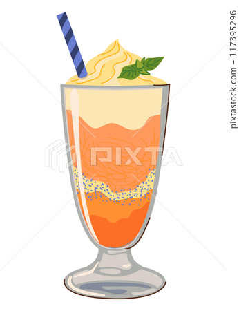 Falooda is a popular cold dessert in Indian cuisine. It contains rose syrup, vermicelli, basil seeds and milk jelly pieces. In Mauritius, it is called Alouda. Flat style vector. Falooda is a popular cold dessert in Indian cuisine. It contains rose syrup, vermicelli, basil seeds and milk jelly pieces. In Mauritius, it is called Alouda. Flat style vector. 117395296